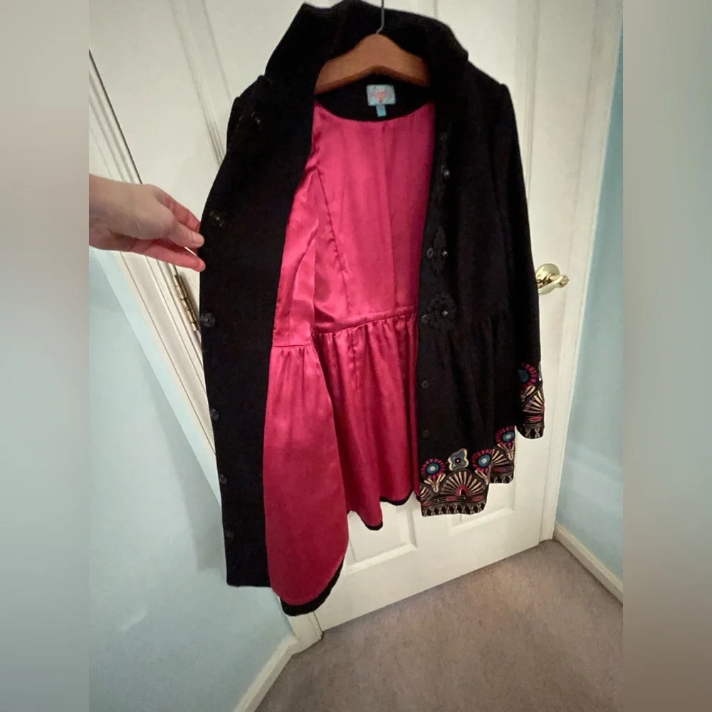 Anthropologie Plenty by Tracy Reese black wool coat with embroidery, sz 10 - Picture 3 of 13